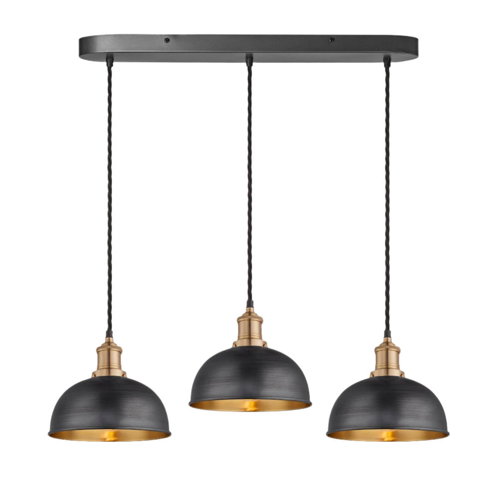 Pewter and Brass Brooklyn Dome 3 Wire Cluster Lights in 8 inch with Brass Holder and oval ceiling rose, Product code is BR-D8-3WOCL-BP-BH
