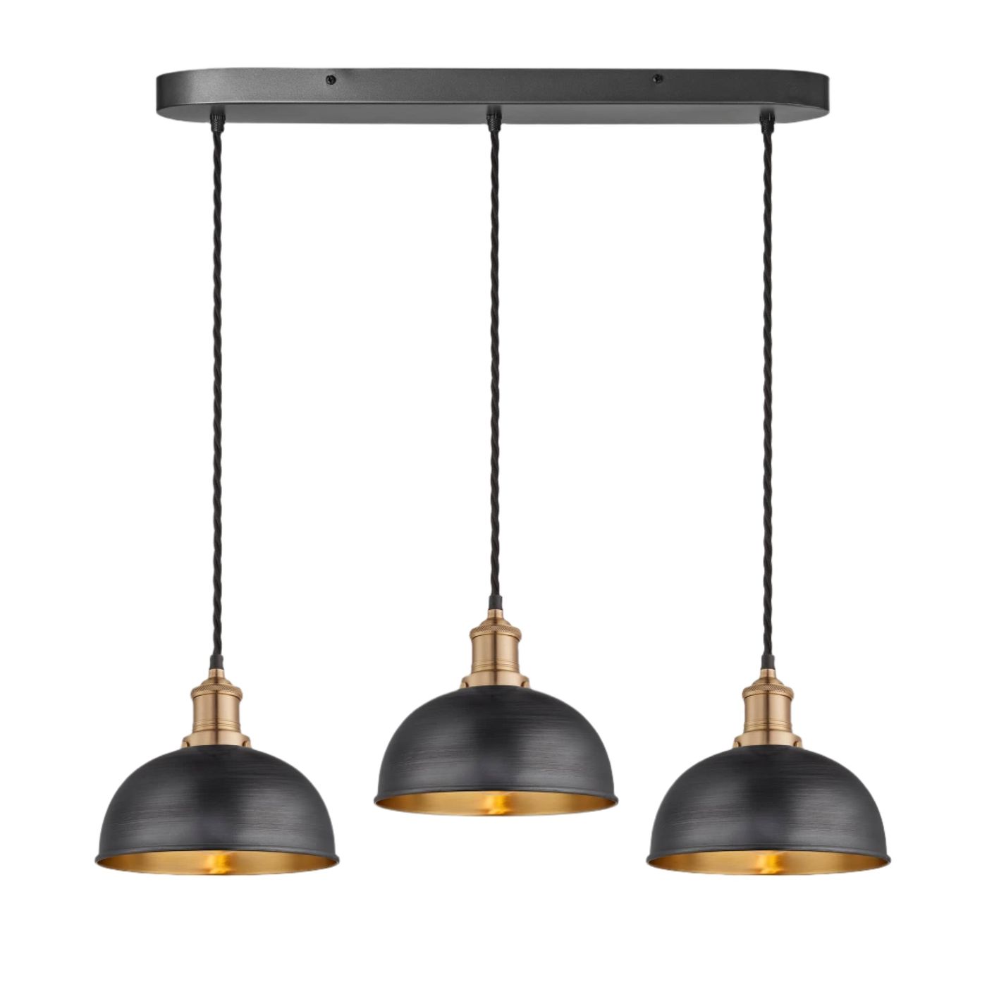 Pewter and Brass Brooklyn Dome 3 Wire Cluster Lights in 8 inch with Brass Holder and oval ceiling rose, Product code is BR-D8-3WOCL-BP-BH

