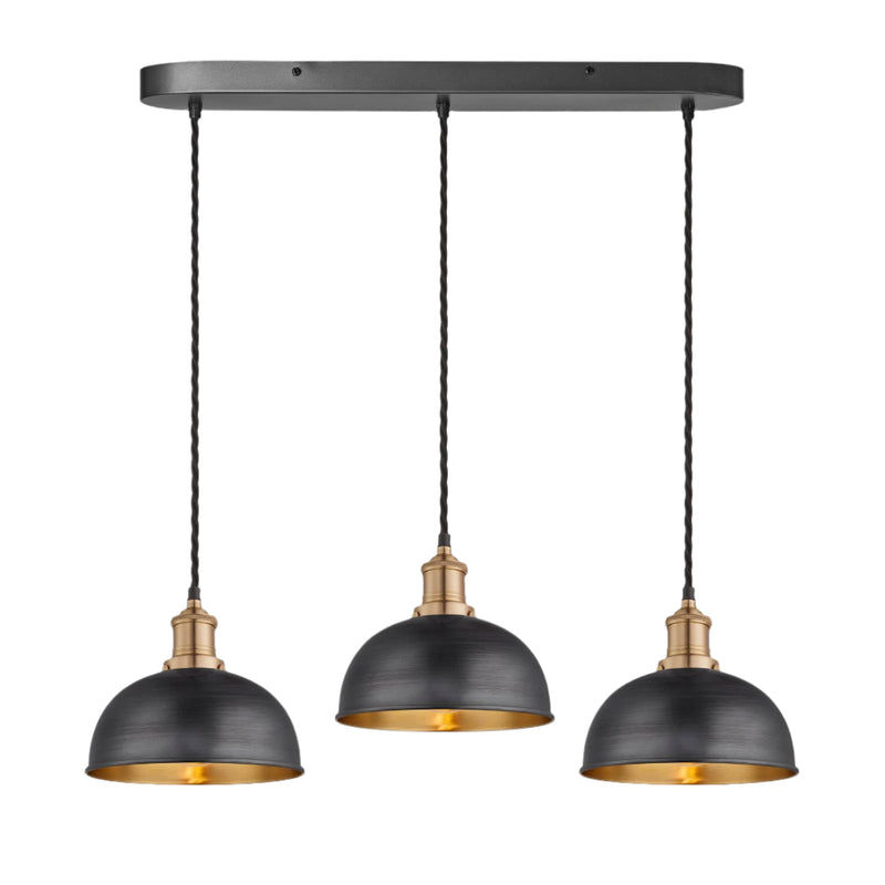 Pewter and Brass Brooklyn Dome 3 Wire Cluster Lights in 8 inch with Brass Holder and oval ceiling rose, Product code is BR-D8-3WOCL-BP-BH
