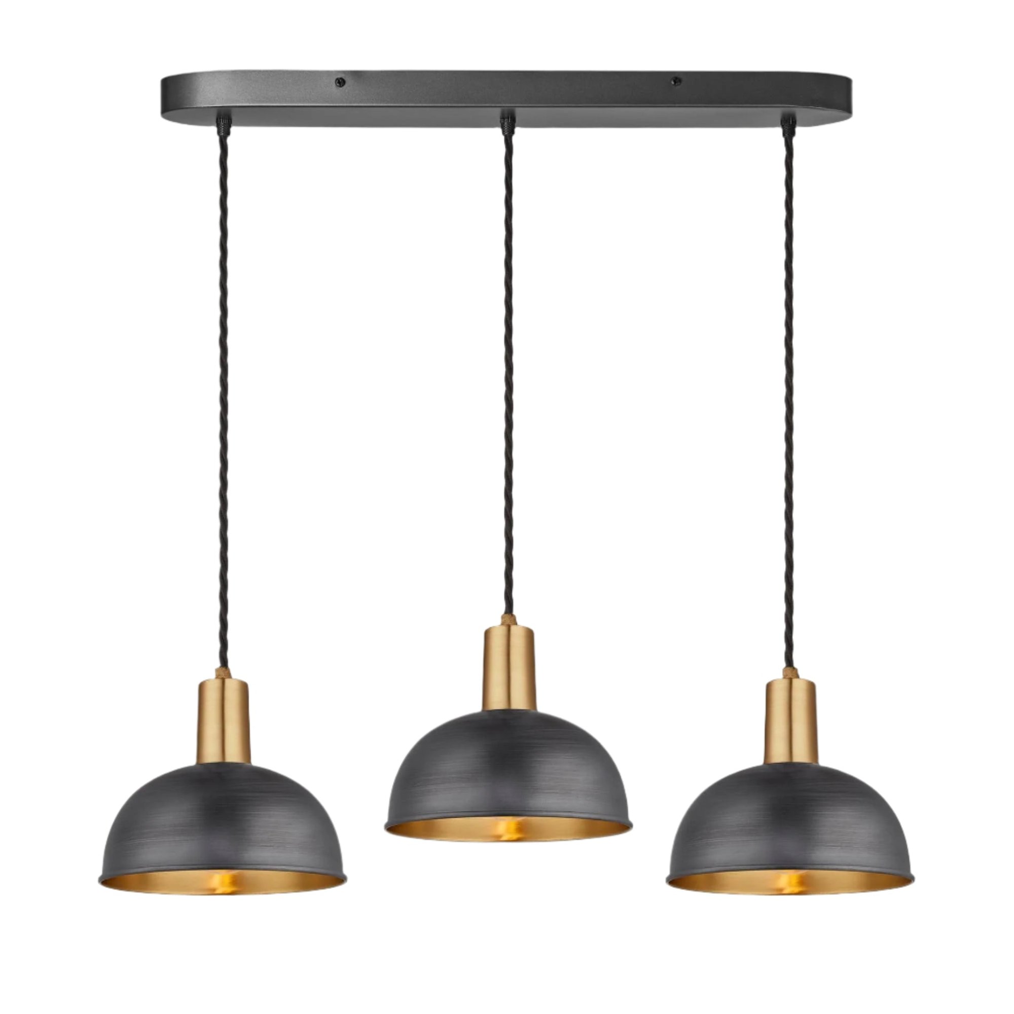 Pewter & Brass Sleek Dome 3 Wire Cluster Lights in 8 inch with Brass Holder with Oval Ceiling Rose Product Code is SL-D8-3WOCL-BP-BH
