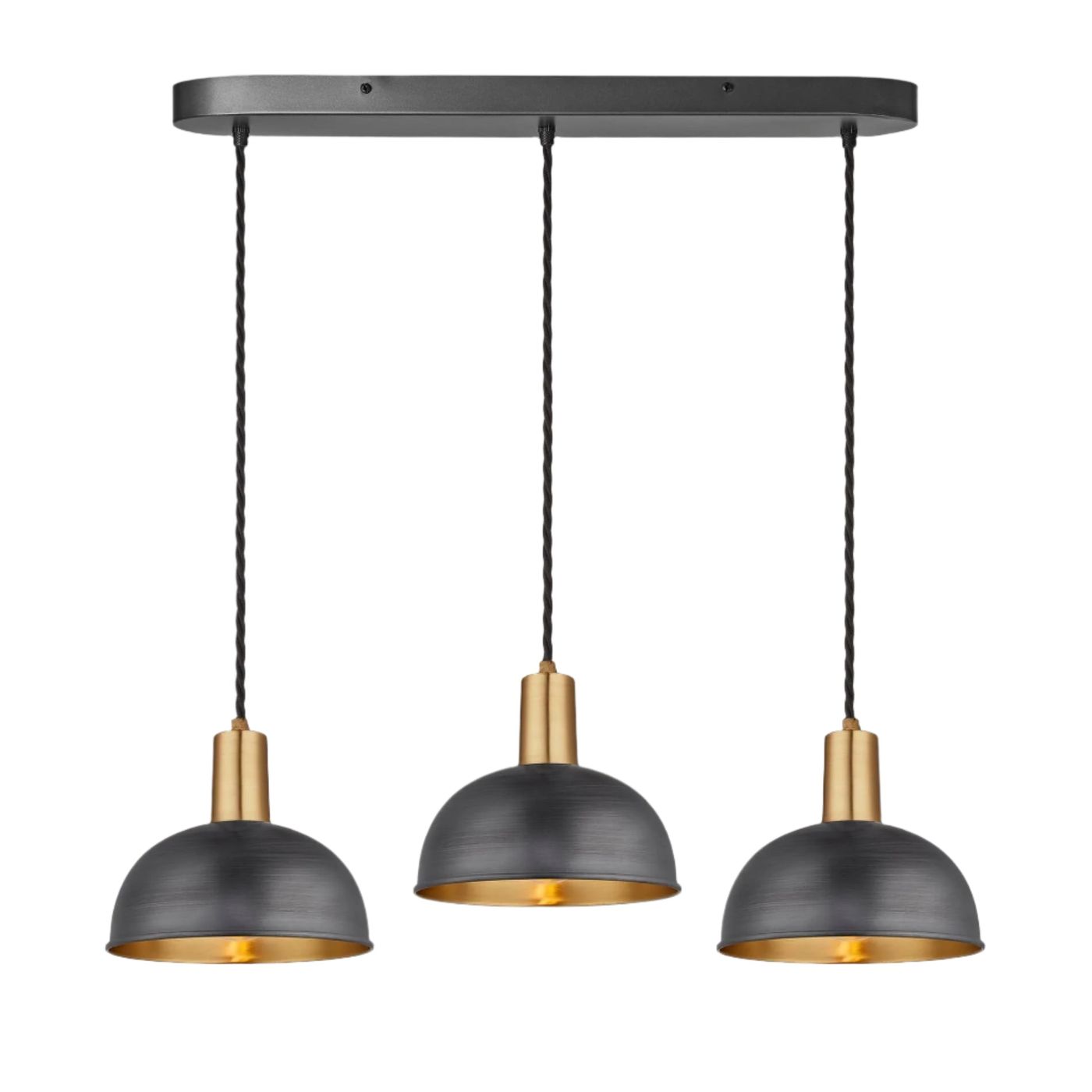 Pewter & Brass Sleek Dome 3 Wire Cluster Lights in 8 inch with Brass Holder with Oval Ceiling Rose Product Code is SL-D8-3WOCL-BP-BH