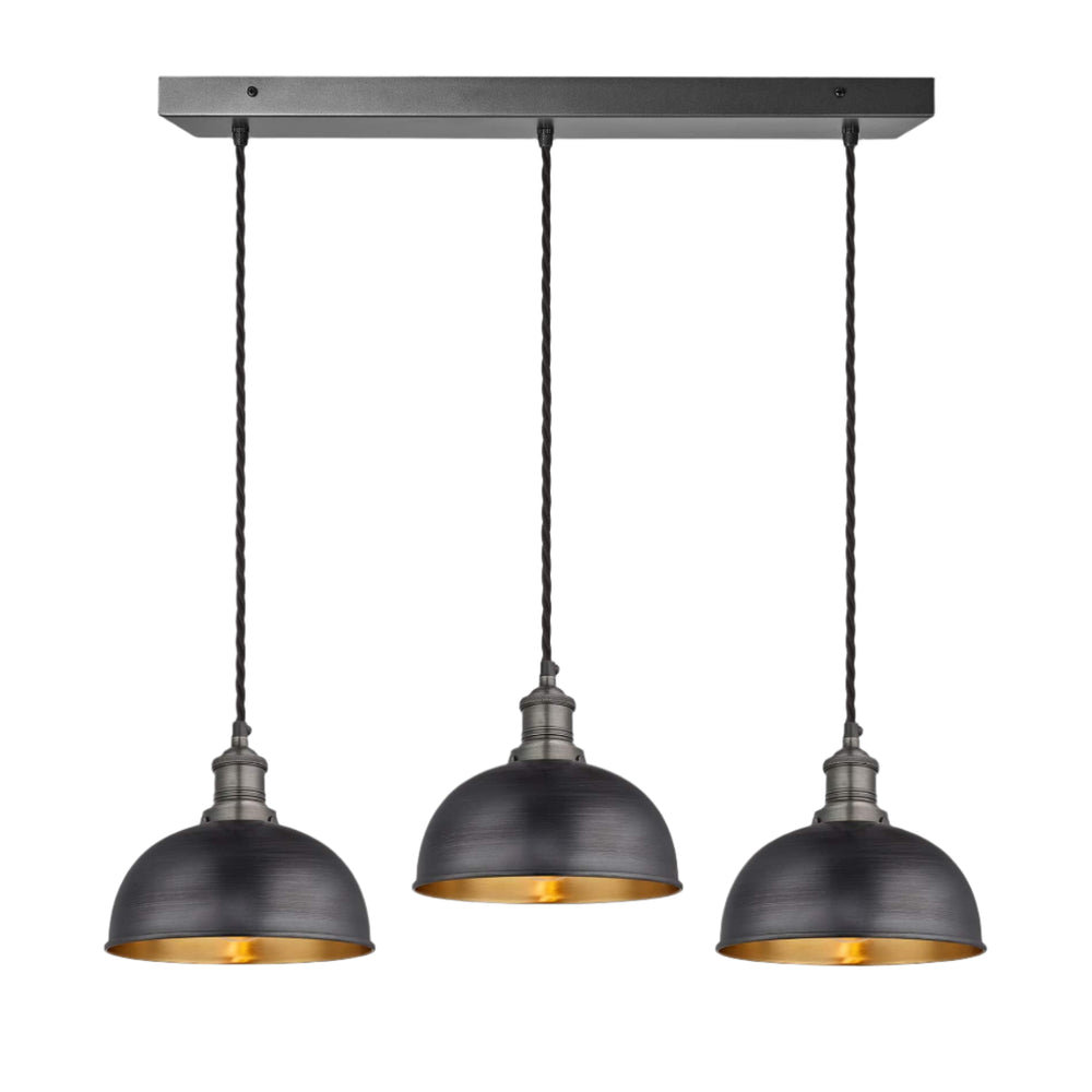 Pewter and Brass Brooklyn Dome 3 Wire Cluster Lights in 8 inch with Pewter Holder, and rectangle ceiling rose BR-D8-3WCL-BP-PH