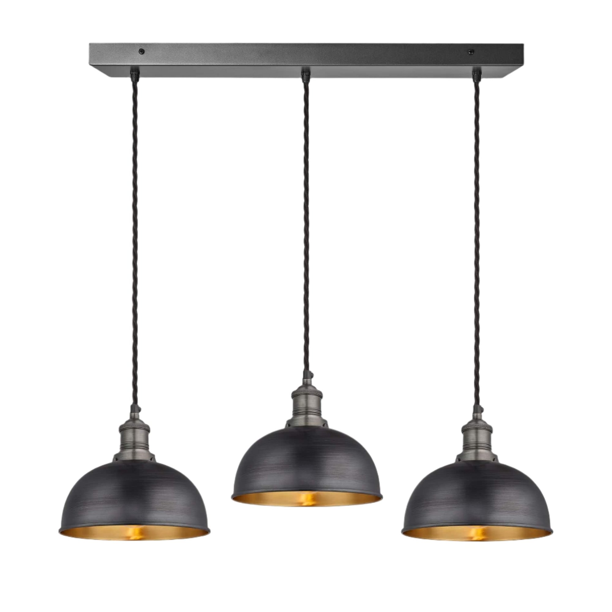 Pewter and Brass Brooklyn Dome 3 Wire Cluster Lights in 8 inch with Pewter Holder, and rectangle ceiling rose BR-D8-3WCL-BP-PH