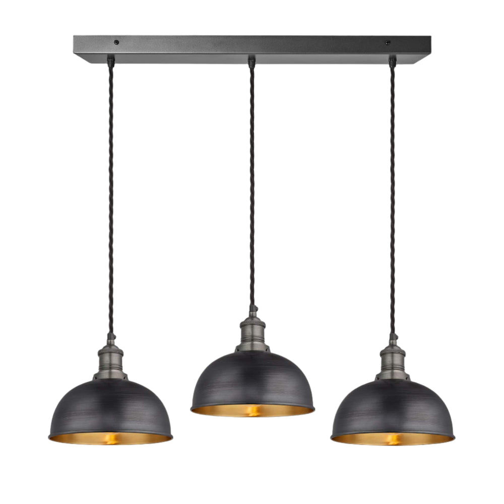 Pewter and Brass Brooklyn Dome 3 Wire Cluster Lights in 8 inch with Pewter Holder, and rectangle ceiling rose BR-D8-3WCL-BP-PH