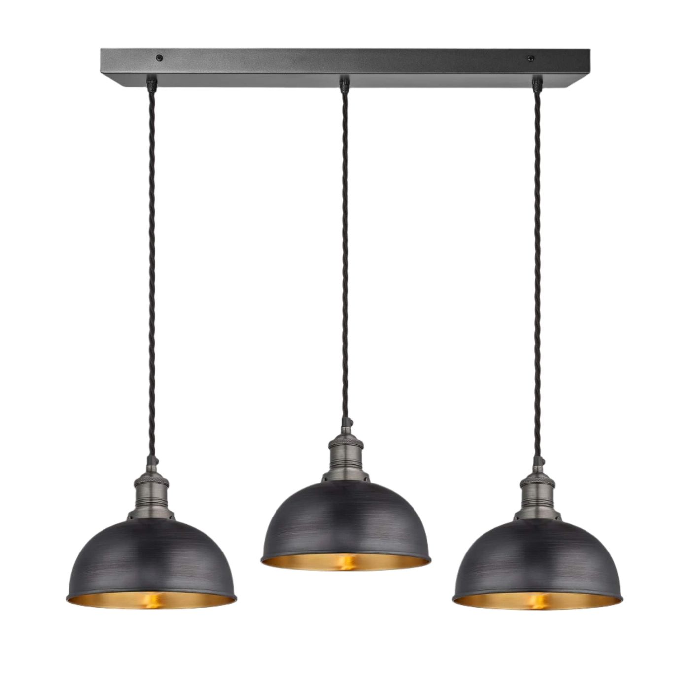 Pewter and Brass Brooklyn Dome 3 Wire Cluster Lights in 8 inch with Pewter Holder, and rectangle ceiling rose BR-D8-3WCL-BP-PH