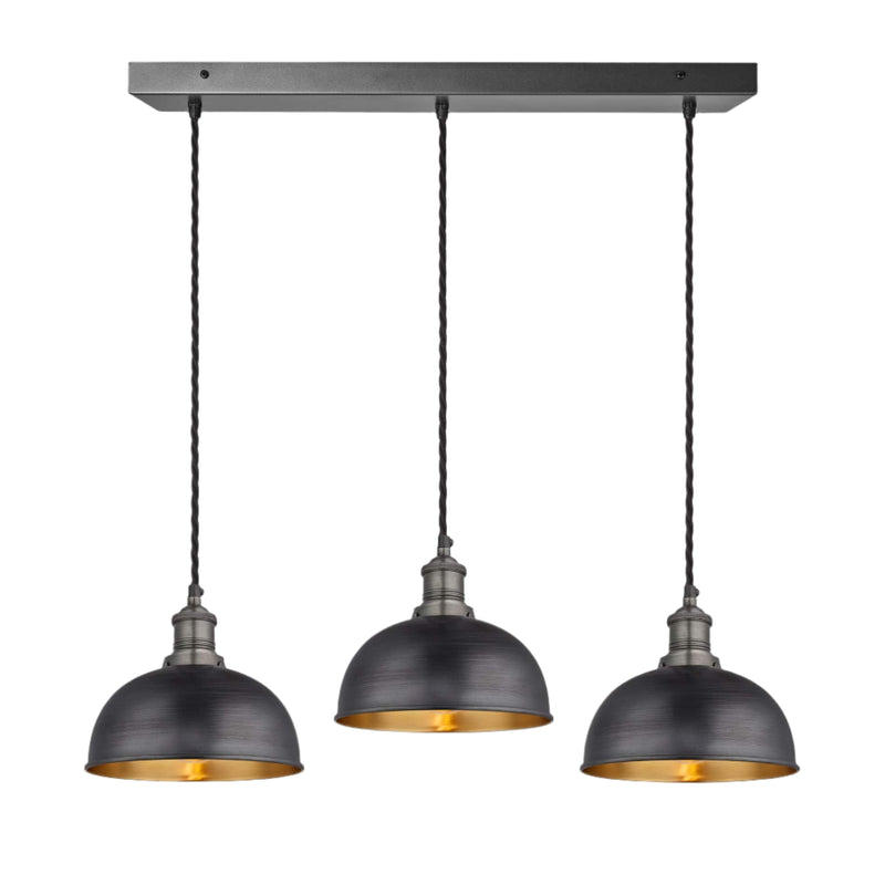 Pewter and Brass Brooklyn Dome 3 Wire Cluster Lights in 8 inch with Pewter Holder, and rectangle ceiling rose BR-D8-3WCL-BP-PH