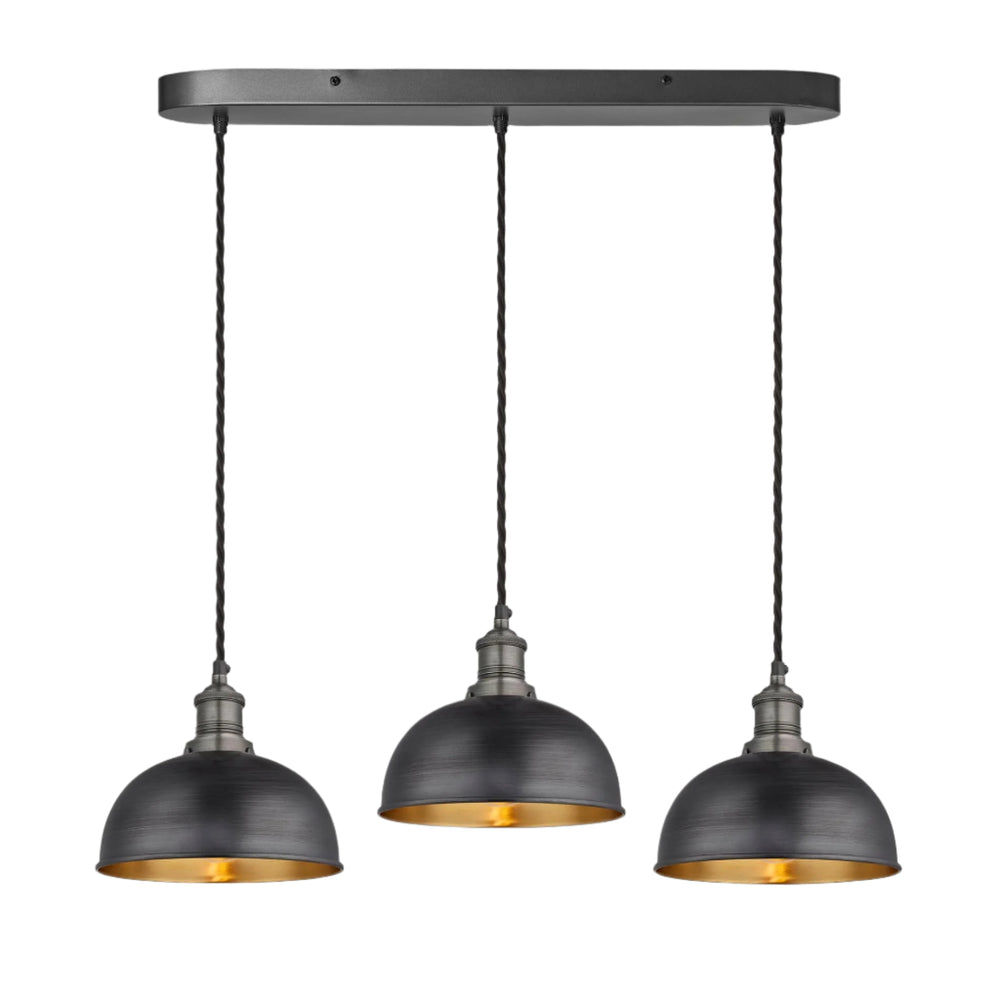 Pewter and Brass Brooklyn Dome 3 Wire Cluster Lights in 8 inch with Pewter Holder and oval ceiling rose, Product code is BR-D8-3WOCL-BP-PH