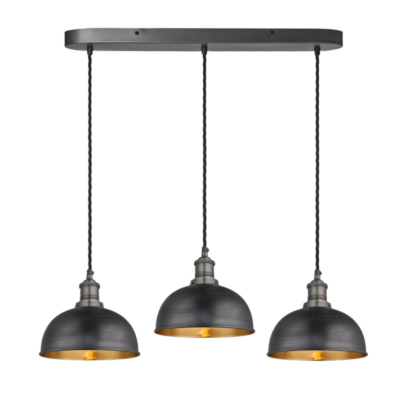 Pewter and Brass Brooklyn Dome 3 Wire Cluster Lights in 8 inch with Pewter Holder and oval ceiling rose, Product code is BR-D8-3WOCL-BP-PH