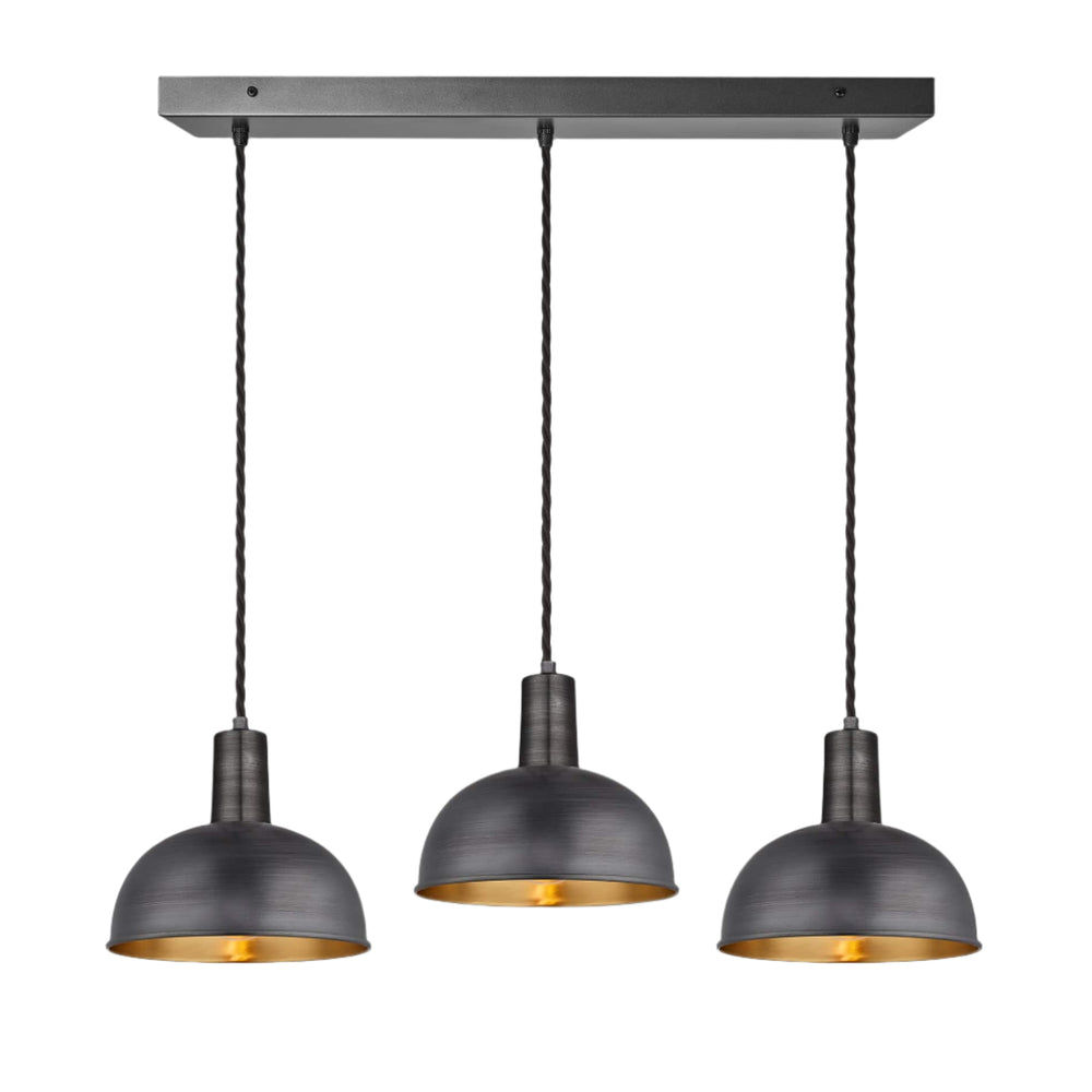 Pewter & Brass Sleek Dome 3 Wire Cluster Lights in 8 inch with Pewter Holder with Rectangle Ceiling Rose Product Code is SL-D8-3WCL-BP-PH