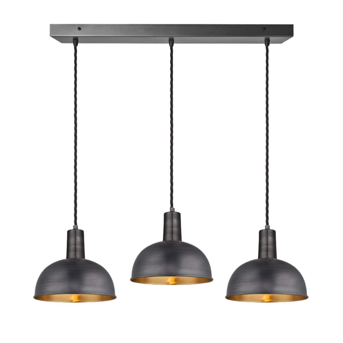 Pewter & Brass Sleek Dome 3 Wire Cluster Lights in 8 inch with Pewter Holder with Rectangle Ceiling Rose Product Code is SL-D8-3WCL-BP-PH