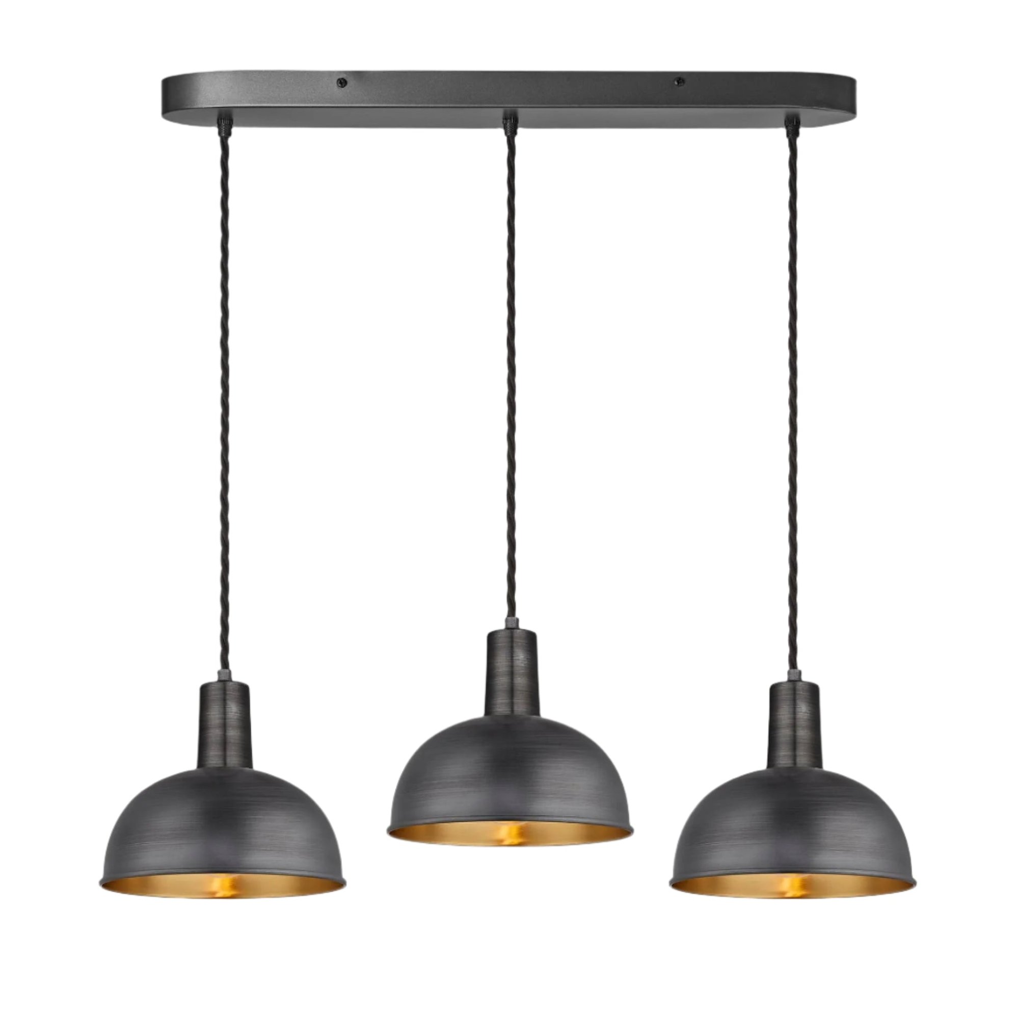 Pewter & Brass Sleek Dome 3 Wire Cluster Lights in 8 inch with Pewter Holder with Oval Ceiling Rose Product Code is SL-D8-3WOCL-BP-PH