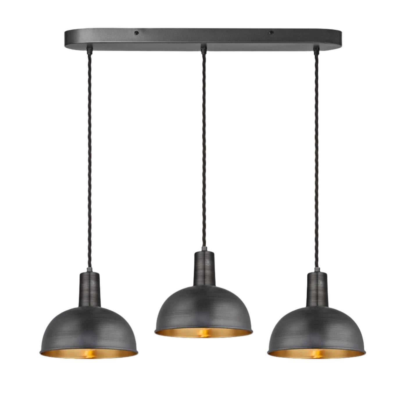 Pewter & Brass Sleek Dome 3 Wire Cluster Lights in 8 inch with Pewter Holder with Oval Ceiling Rose Product Code is SL-D8-3WOCL-BP-PH