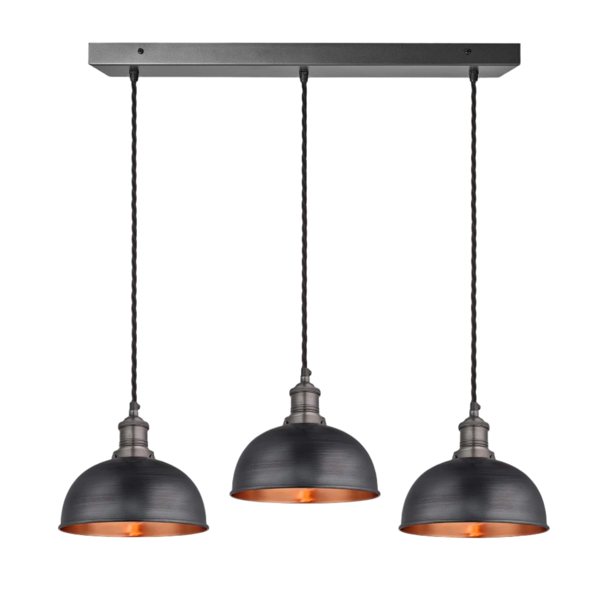 Pewter and Copper Brooklyn Dome 3 Wire Cluster Lights in 8 inch with Pewter Holder, and rectangle ceiling rose BR-D8-3WCL-CP-PH