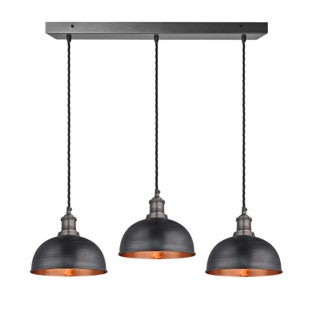 Pewter and Copper Brooklyn Dome 3 Wire Cluster Lights in 8 inch with Pewter Holder, and rectangle ceiling rose BR-D8-3WCL-CP-PH