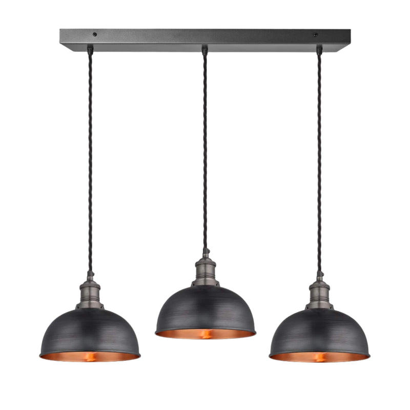 Pewter and Copper Brooklyn Dome 3 Wire Cluster Lights in 8 inch with Pewter Holder, and rectangle ceiling rose BR-D8-3WCL-CP-PH