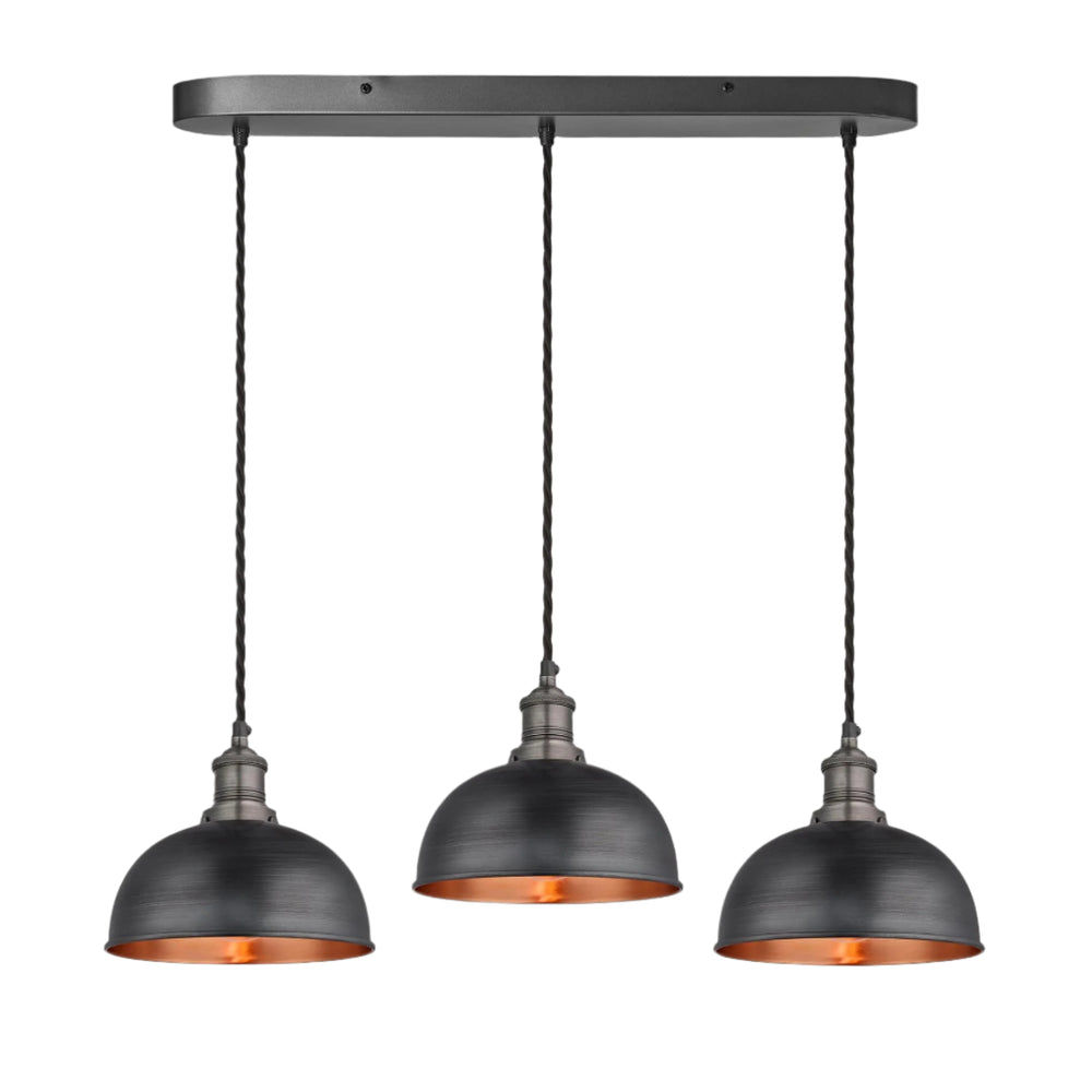 Pewter and Copper Brooklyn Dome 3 Wire Cluster Lights in 8 inch with Pewter Holder, and oval ceiling rose BR-D8-3WOCL-CP-PH