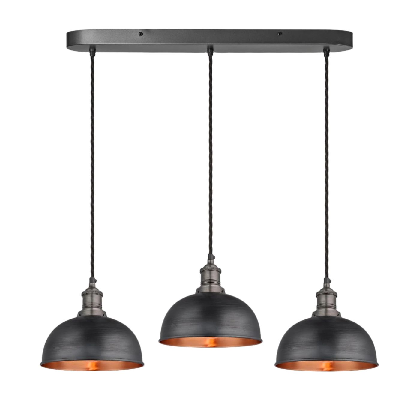 Pewter and Copper Brooklyn Dome 3 Wire Cluster Lights in 8 inch with Pewter Holder, and oval ceiling rose BR-D8-3WOCL-CP-PH