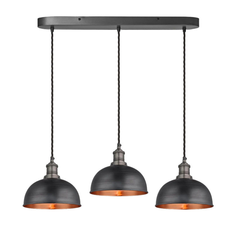 Pewter and Copper Brooklyn Dome 3 Wire Cluster Lights in 8 inch with Pewter Holder, and oval ceiling rose BR-D8-3WOCL-CP-PH