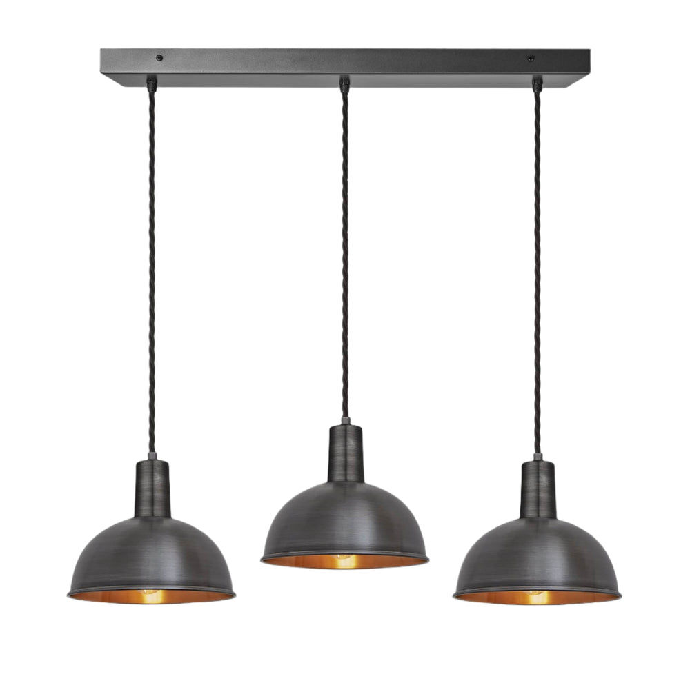 Pewter & Copper Sleek Dome 3 Wire Cluster Lights in 8 inch with Pewter Holder and Rectangle Ceiling Rose, Product code is SL-D8-3WCL-CP-PH