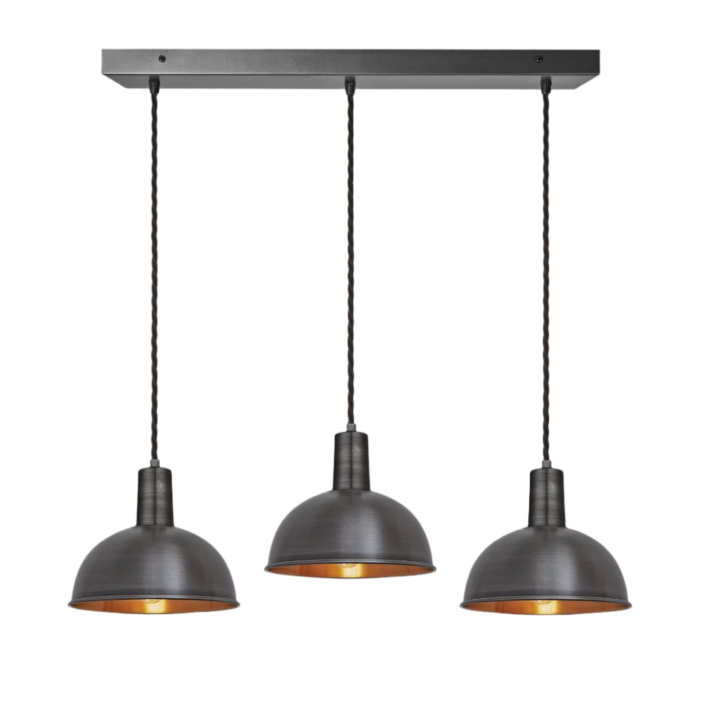 Pewter & Copper Sleek Dome 3 Wire Cluster Lights in 8 inch with Pewter Holder and Rectangle Ceiling Rose, Product code is SL-D8-3WCL-CP-PH