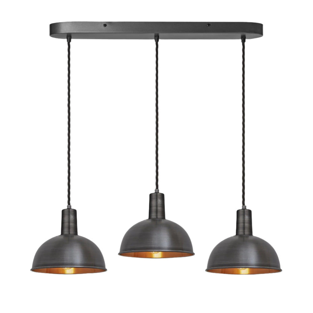 Pewter & Copper Sleek Dome 3 Wire Cluster Lights in 8 inch with Pewter Holder and oval Ceiling Rose, Product code is SL-D8-3WOCL-CP-PH