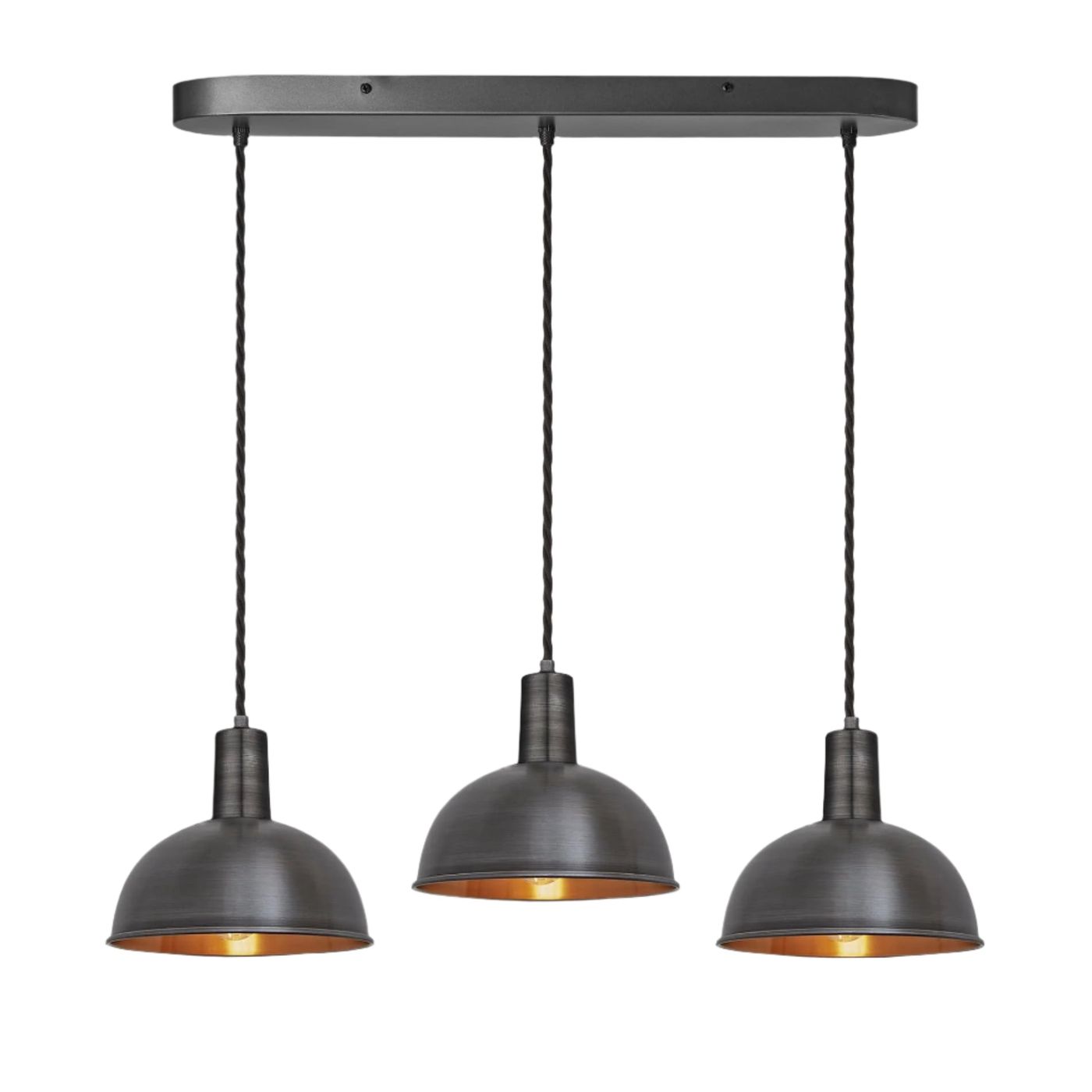 Pewter & Copper Sleek Dome 3 Wire Cluster Lights in 8 inch with Pewter Holder and oval Ceiling Rose, Product code is SL-D8-3WOCL-CP-PH