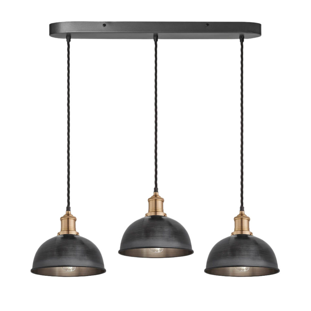 Pewter Brooklyn Dome 3 Wire Cluster Lights in 8 inch with Brass Holder and oval ceiling rose, Product code is BR-D8-3WOCL-P-BH