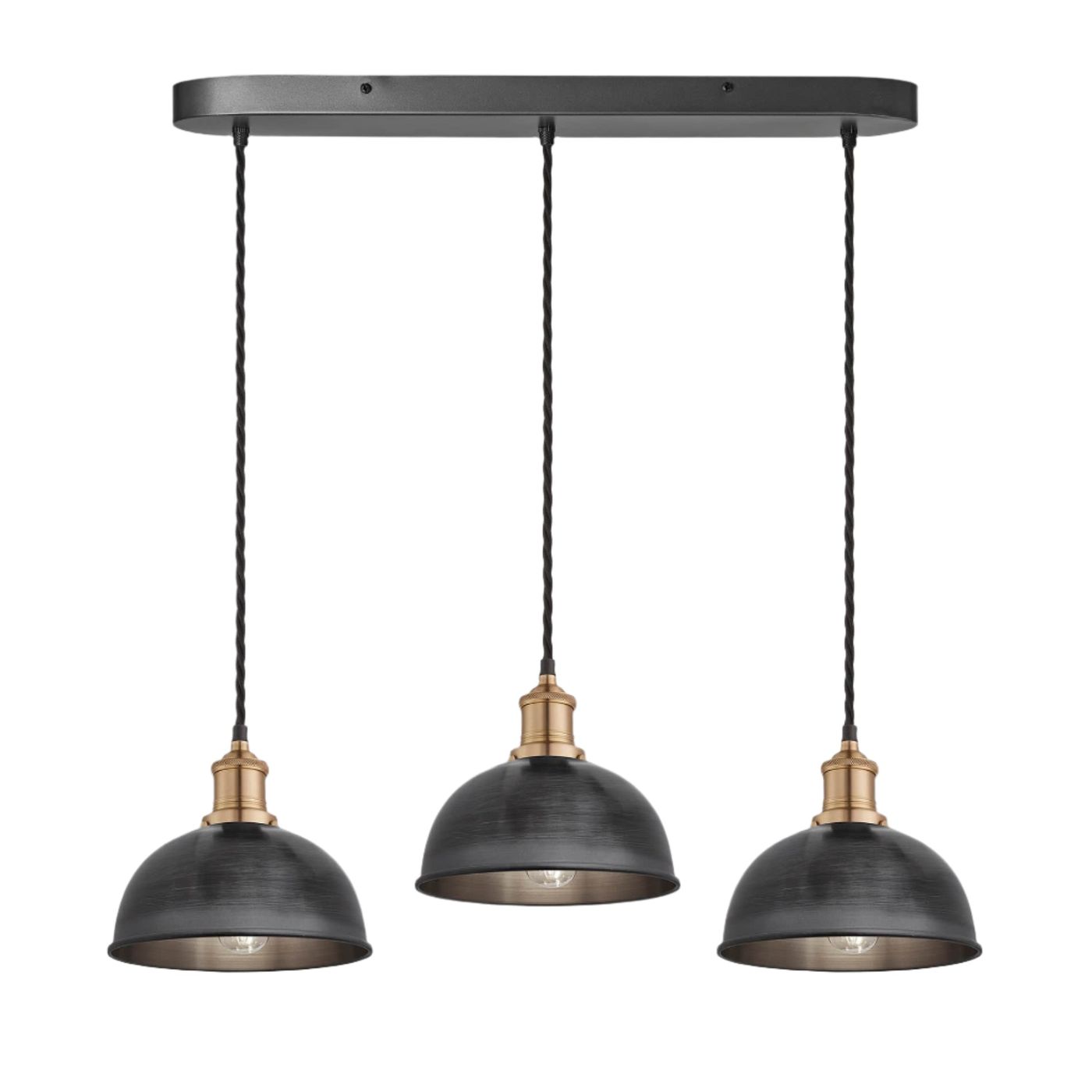 Pewter Brooklyn Dome 3 Wire Cluster Lights in 8 inch with Brass Holder and oval ceiling rose, Product code is BR-D8-3WOCL-P-BH