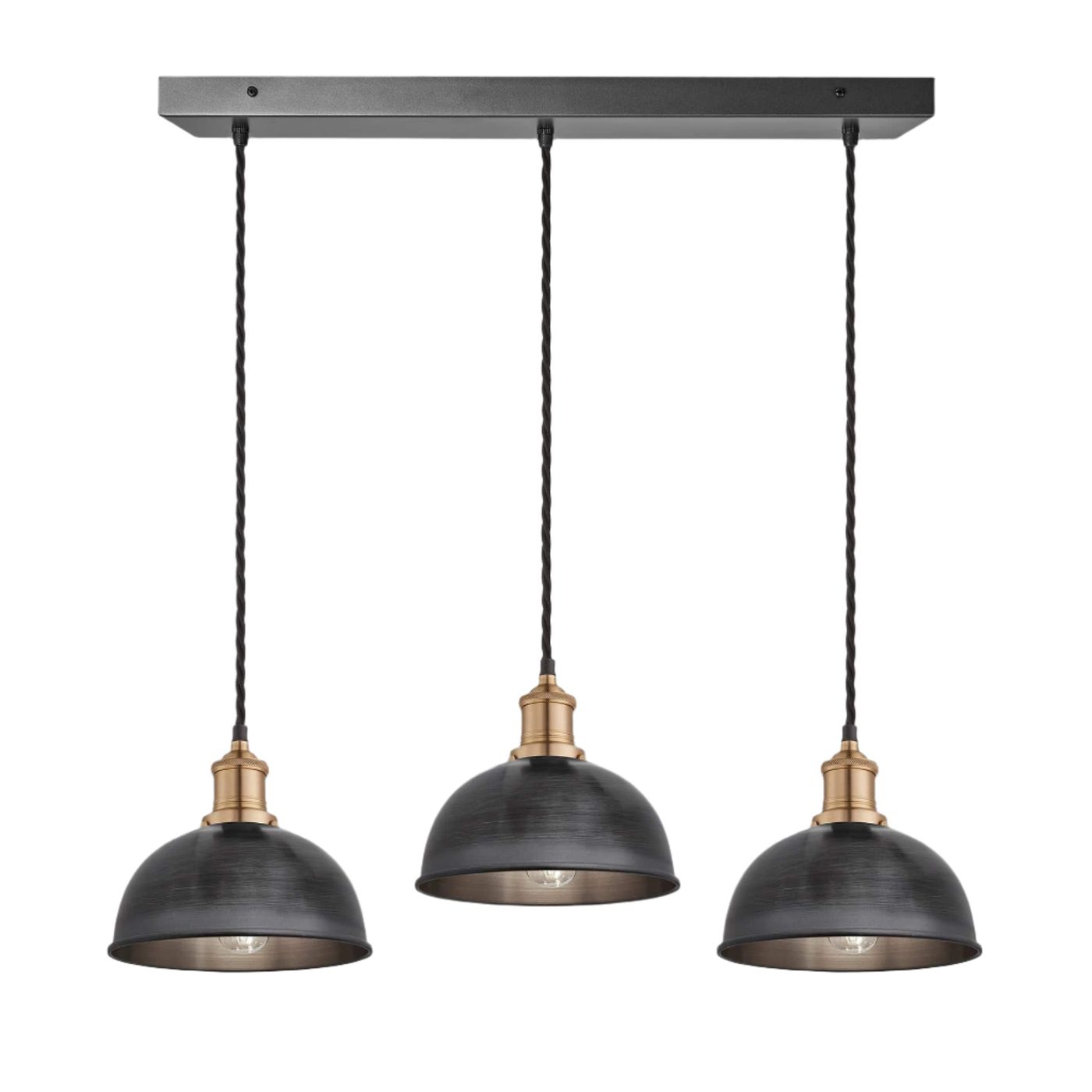 Pewter Brooklyn Dome 3 Wire Cluster Lights in 8 inch with Brass Holder and rectangle ceiling rose, Product code is BR-D8-3WCL-P-BH
