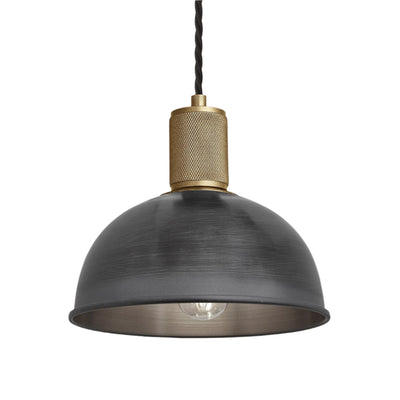 Pewter with Brass Holder Knurled Dome Pendant Light - 8 Inch - Industville KN-DP8-P-BH