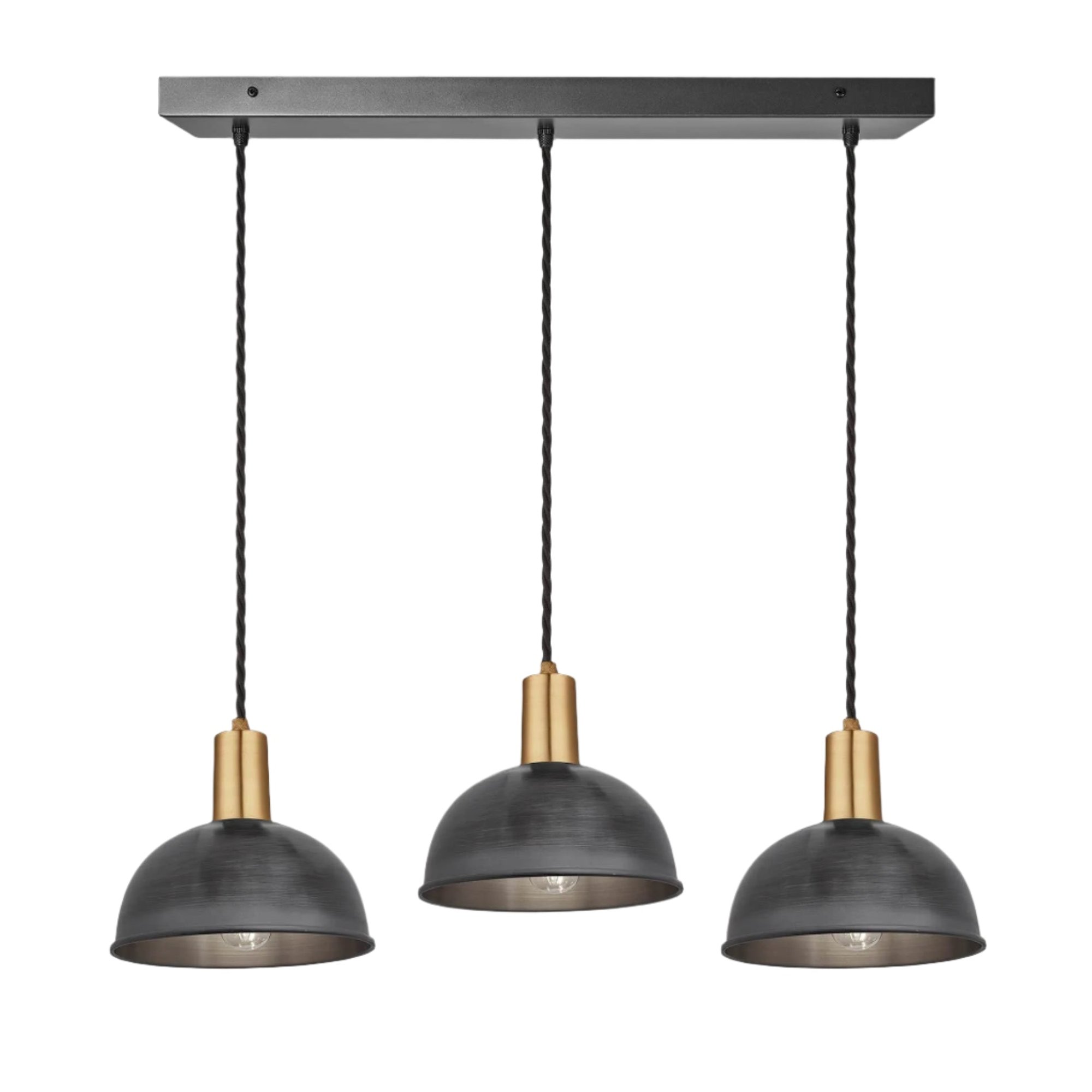 Pewter Sleek Dome 3 Wire Cluster Lights in 8 inch with Brass Holder with Rectangle Ceiling Rose Product Code is SL-D8-3WCL-P-BH