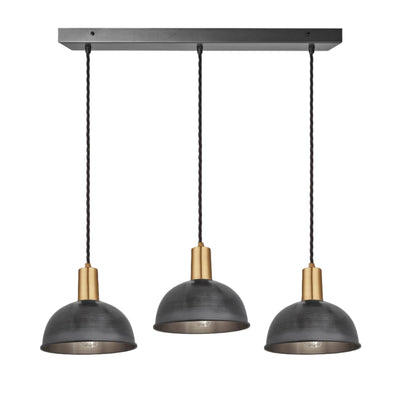 Pewter Sleek Dome 3 Wire Cluster Lights in 8 inch with Brass Holder with Rectangle Ceiling Rose Product Code is SL-D8-3WCL-P-BH