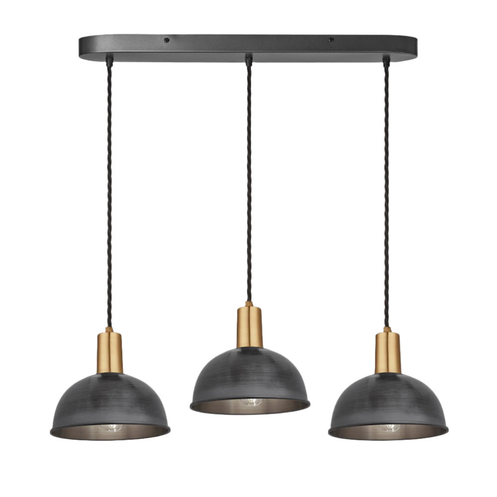 Pewter Sleek Dome 3 Wire Cluster Lights in 8 inch with Brass Holder with Oval Ceiling Rose Product Code is SL-D8-3WOCL-P-BH
