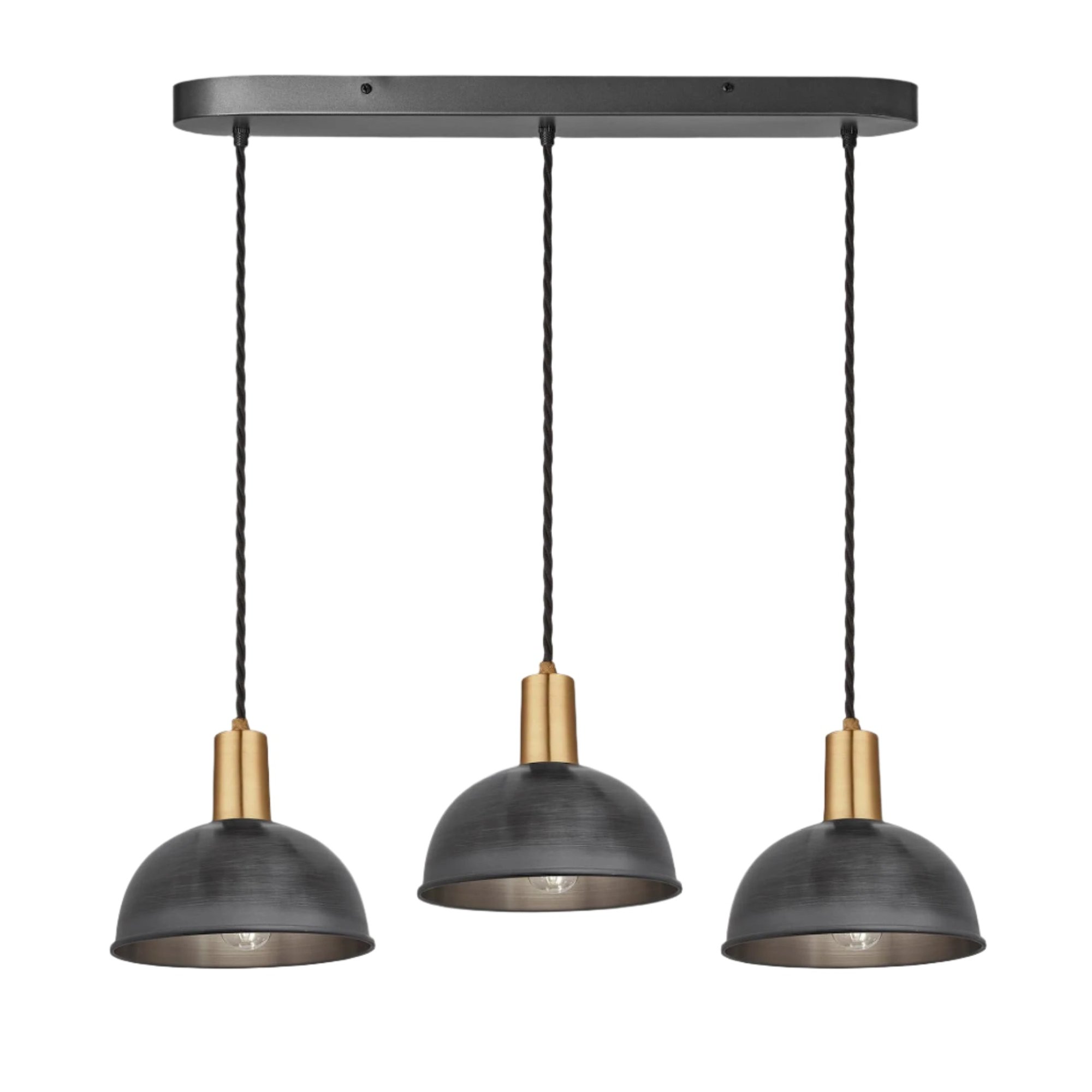 Pewter Sleek Dome 3 Wire Cluster Lights in 8 inch with Brass Holder with Oval Ceiling Rose Product Code is SL-D8-3WOCL-P-BH