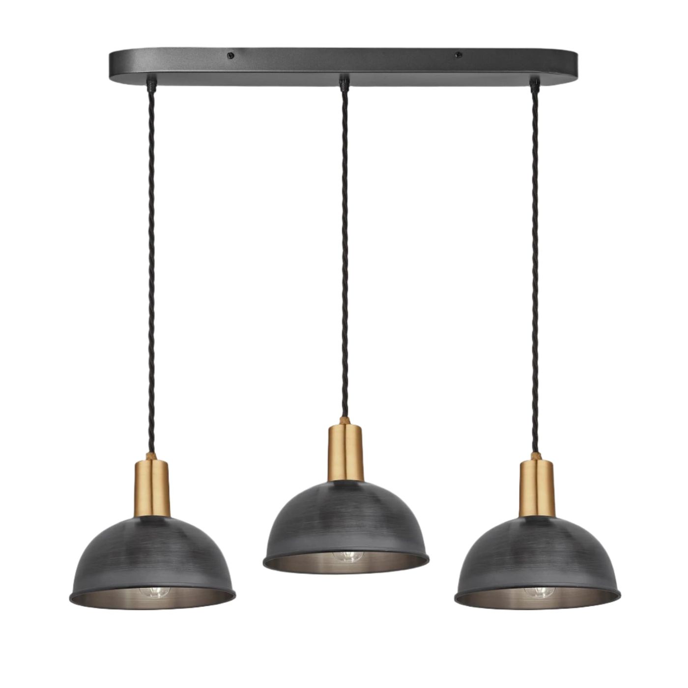 Pewter Sleek Dome 3 Wire Cluster Lights in 8 inch with Brass Holder with Oval Ceiling Rose Product Code is SL-D8-3WOCL-P-BH