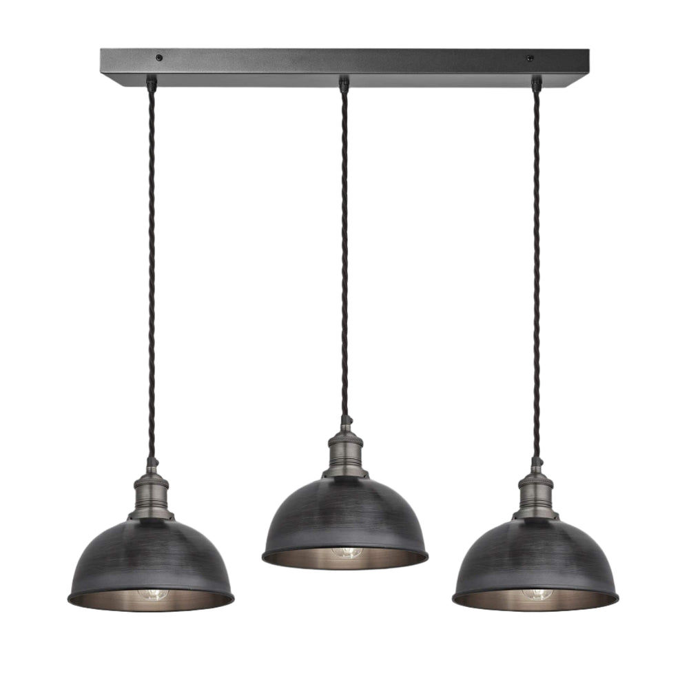 Pewter Brooklyn Dome 3 Wire Cluster Lights in 8 inch with Pewter Holder and rectangle ceiling rose, Product code is BR-D8-3WCL-P-PH