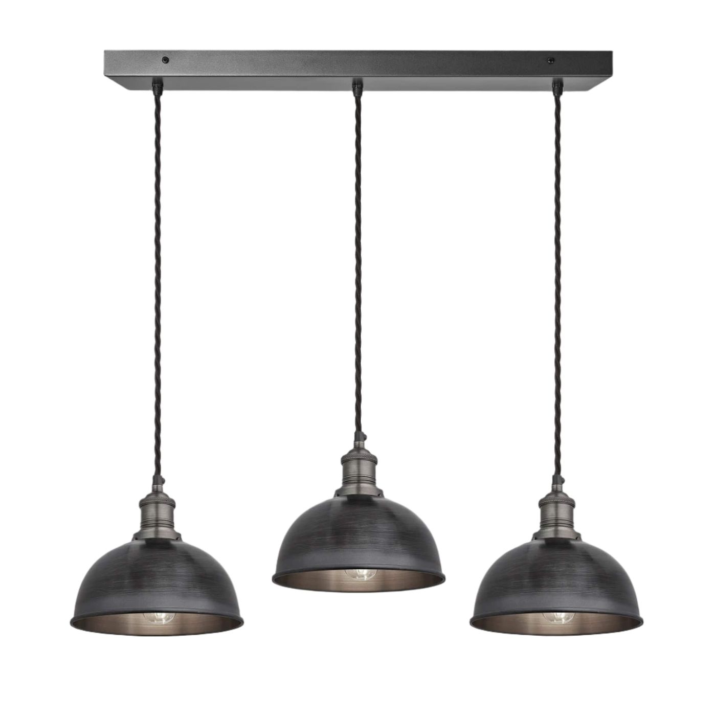 Pewter Brooklyn Dome 3 Wire Cluster Lights in 8 inch with Pewter Holder and rectangle ceiling rose, Product code is BR-D8-3WCL-P-PH
