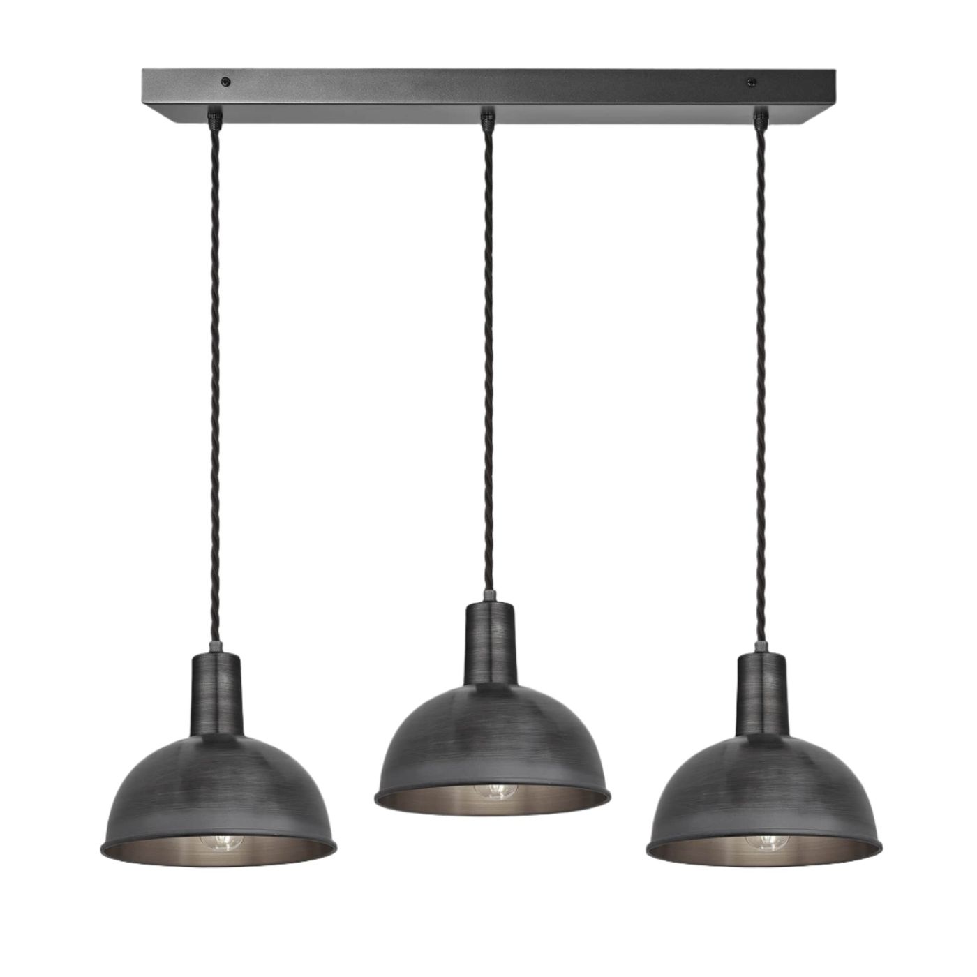 Pewter Sleek Dome 3 Wire Cluster Lights in 8 inch with Pewter Holder with Rectangle Ceiling Rose Product Code is SL-D8-3WCL-P-PH