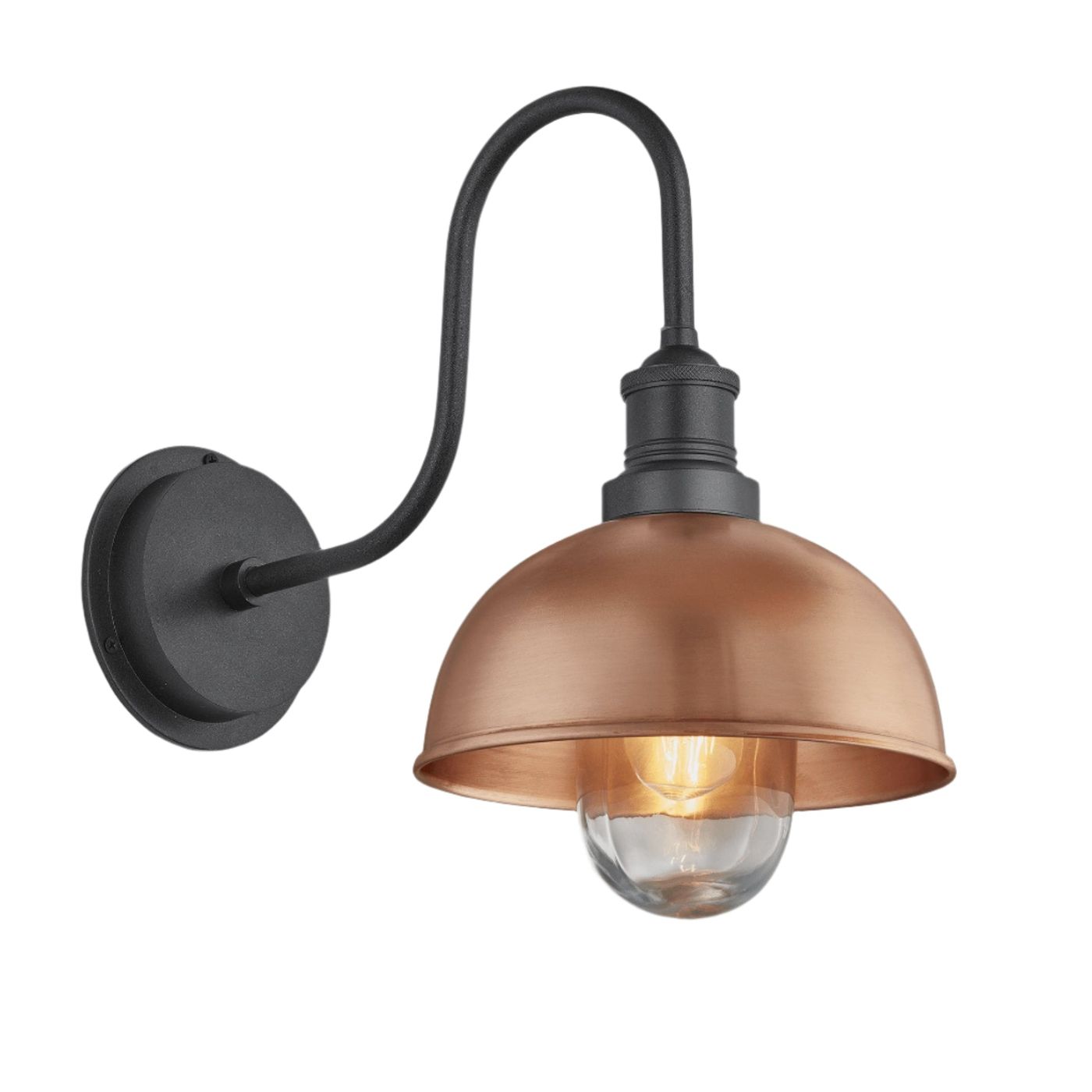 Copper Swan Neck Outdoor & Bathroom Dome Wall Light in 8 Inch with Pewter Holder, Product Code is SN-IP65-DWL8-C-PH
