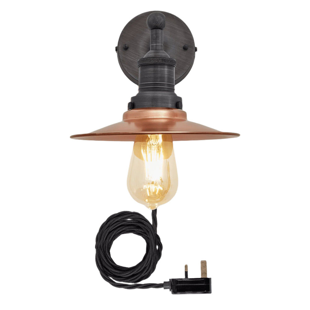 Copper with Pewter Holder and Plug Brooklyn Flat Wall Light - 8 Inch - Industville BR-FWL8-C-PH-FLWP