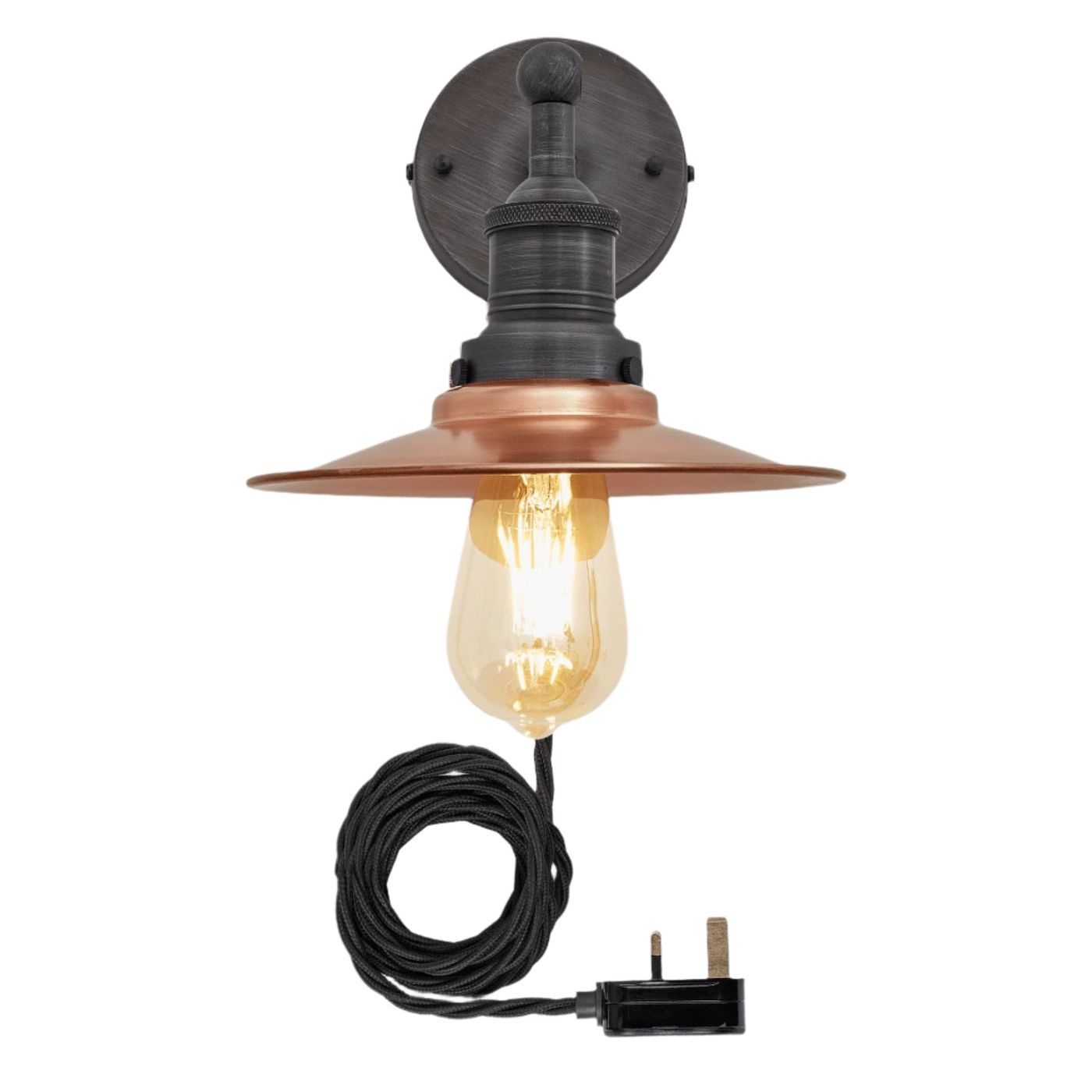 Copper with Pewter Holder and Plug Brooklyn Flat Wall Light - 8 Inch - Industville BR-FWL8-C-PH-FLWP