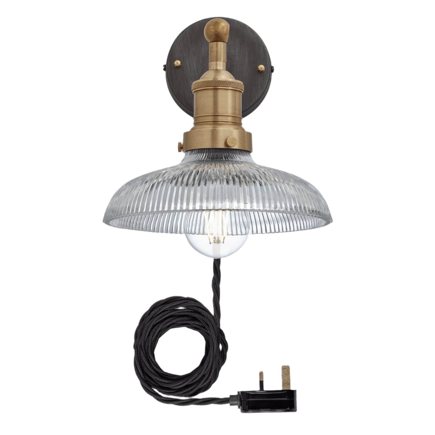 Glass Dome with Brass Holder with Plug Brooklyn Wall Light - 8 Inch Industville BR-GLDWL8-BH-FLWP