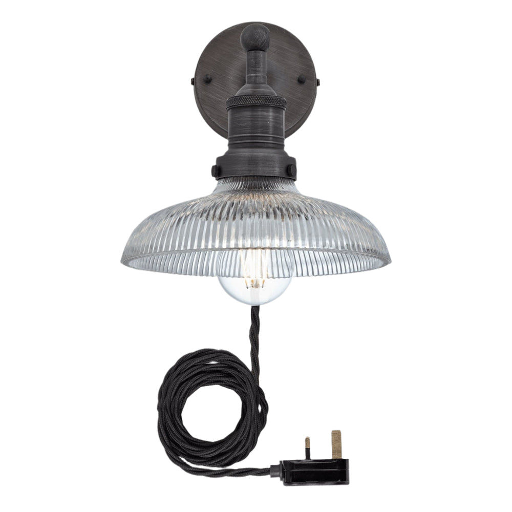 Glass Dome with Pewter Holder with Plug Brooklyn Wall Light - 8 Inch Industville BR-GLDWL8-PH-FLWP