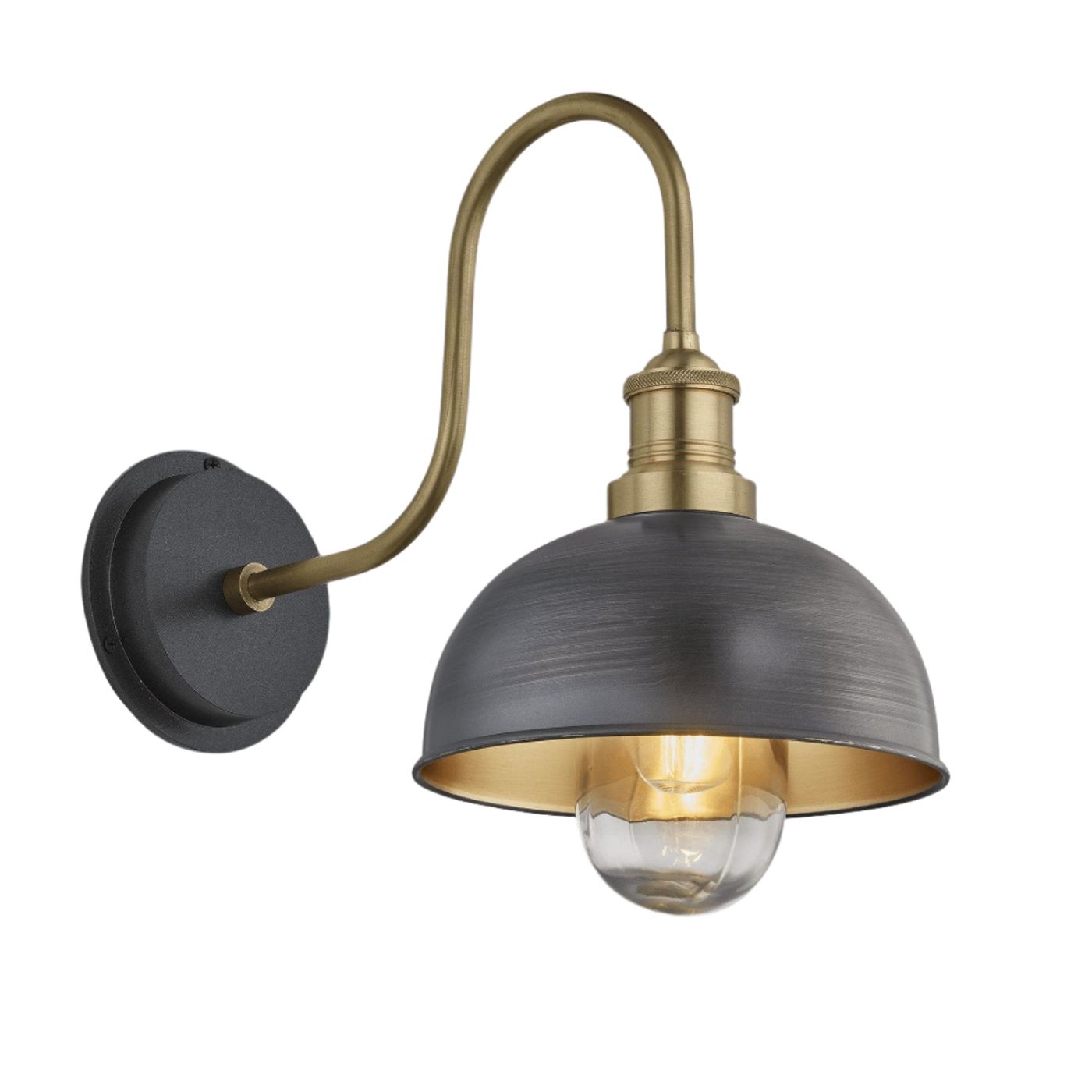 Pewter and Brass Swan Neck Outdoor & Bathroom Dome Wall Light in 8 Inch with Brass Holder, Product code is SN-IP65-DWL8-BP-BH