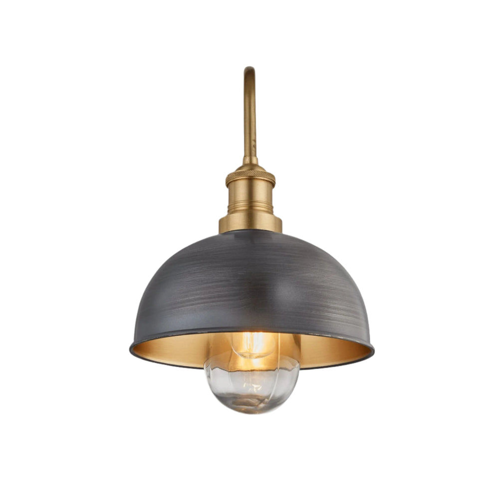 Pewter and Brass Swan Neck Outdoor & Bathroom Dome Wall Light in 8 Inch with Brass Holder, Product code is SN-IP65-DWL8-BP-BH
