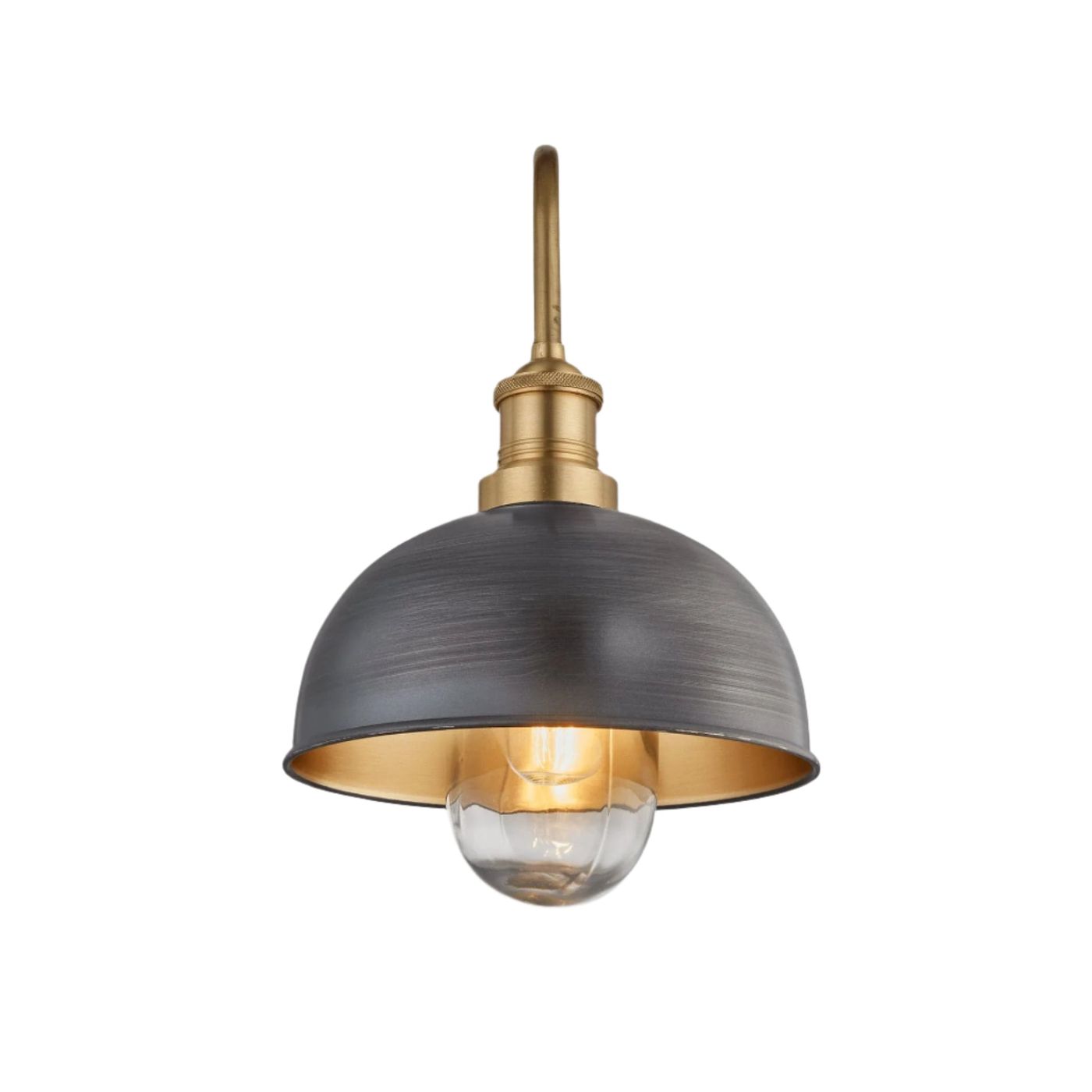Pewter and Brass Swan Neck Outdoor & Bathroom Dome Wall Light in 8 Inch with Brass Holder, Product code is SN-IP65-DWL8-BP-BH