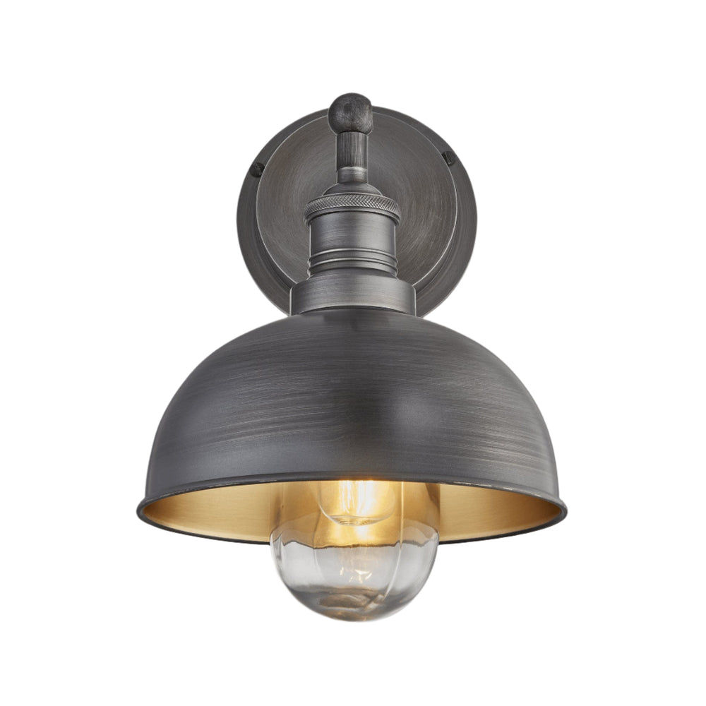 Pewter & Brass with Pewter Holder Brooklyn Outdoor & Bathroom Dome Wall Light - 8 Inch - BR-IP65-DWL8-BP-PH