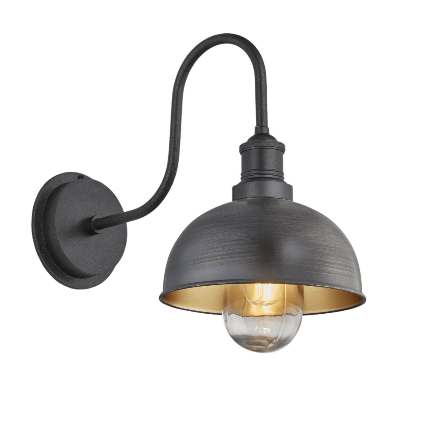 Pewter and Brass Swan Neck Outdoor & Bathroom Dome Wall Light in 8 Inch with Pewter Holder, Product code is SN-IP65-DWL8-BP-PH