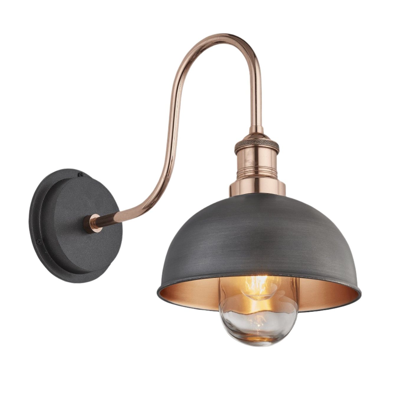 Pewter and Copper Swan Neck Outdoor & Bathroom Dome Wall Light in 8 Inch with Copper Holder, Product Code is SN-IP65-DWL8-CP-CH