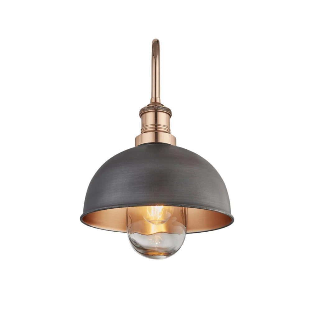 Pewter and Copper Swan Neck Outdoor & Bathroom Dome Wall Light in 8 Inch with Copper Holder, Product Code is SN-IP65-DWL8-CP-CH